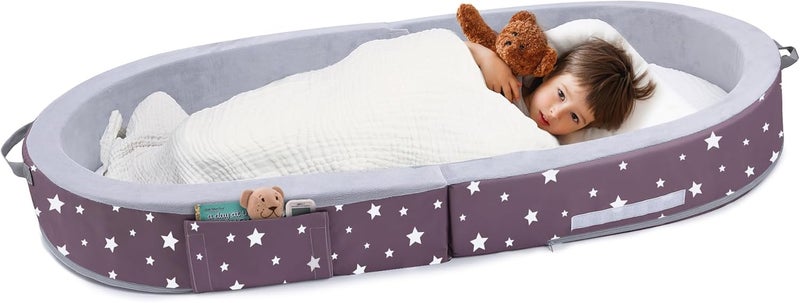 Mooedcoe Portable Foldable Toddler Travel Bed with Sides, Folding Toddler Bed for Travel Kid Foam Sleeping Cot for Children 18M – 5yr Old (Round, Star) - Image 1